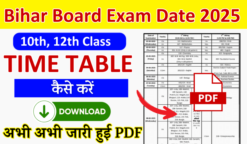 Bihar Board Exam Date 2025 PDF: BSEB Time Table 2025 10th, 12th Link