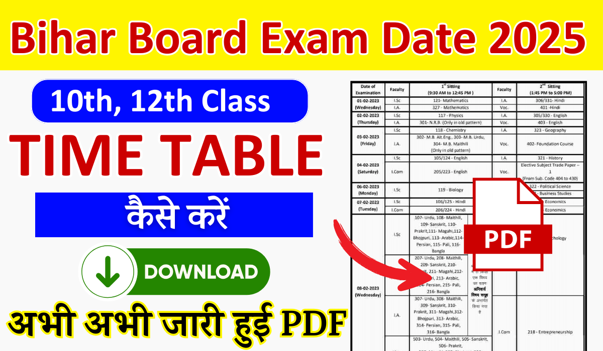 Bihar Board Exam Date 2025 PDF: BSEB Time Table 2025 10th, 12th Link